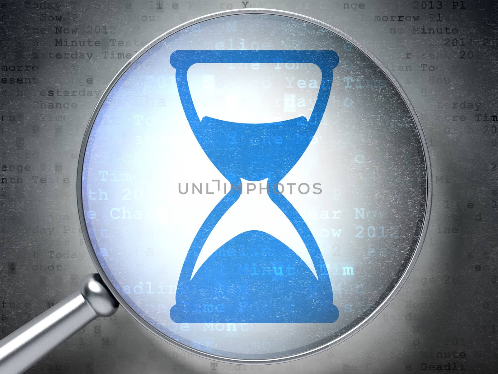Time concept: magnifying optical glass with Hourglass icon on digital background, 3d render