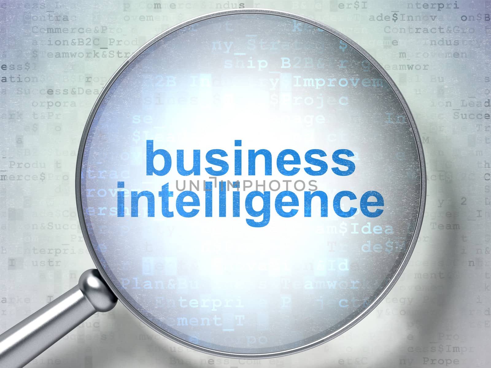 Finance concept: Business Intelligence with optical glass by maxkabakov