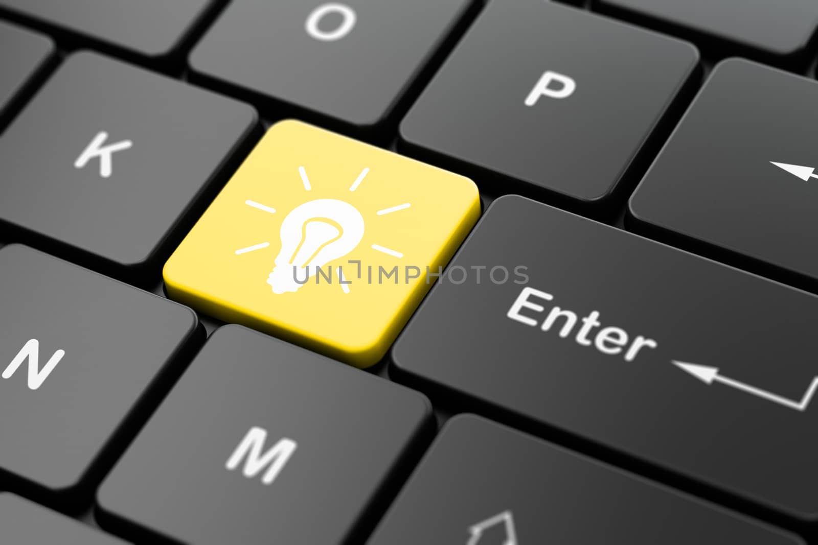 Business concept: computer keyboard with Light Bulb icon on enter button background, 3d render