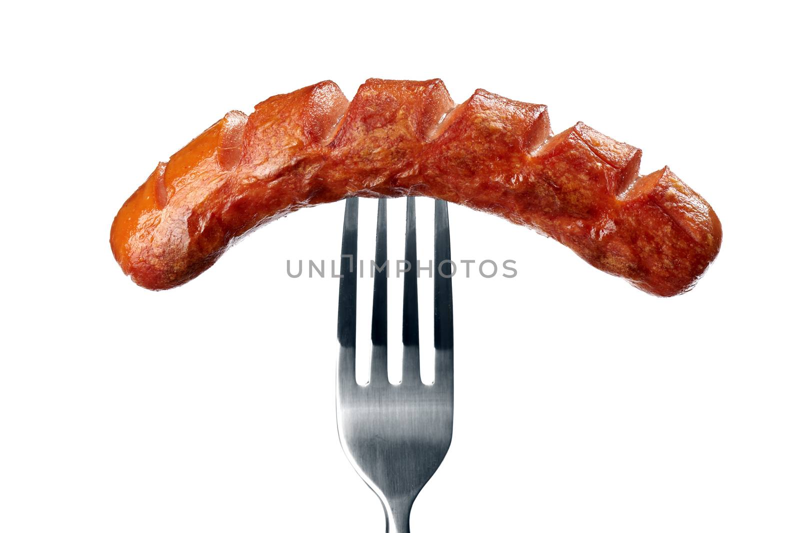 Grilled Sausage On A Fork. Isolated on a white
