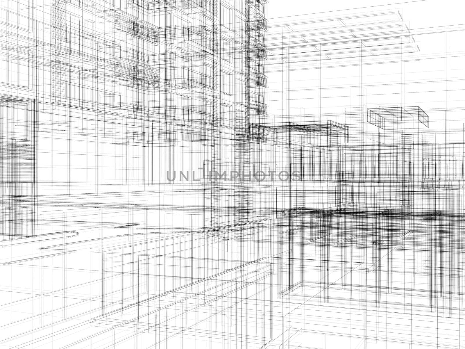 Abstract archticture. Wire-frame building on the white background