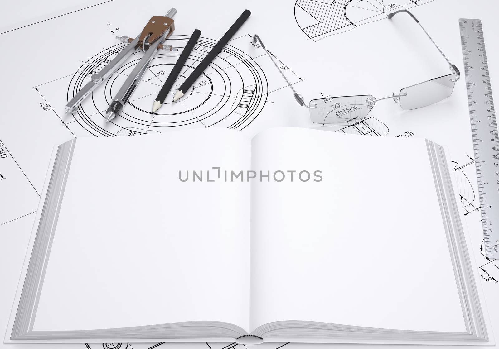 Book, glasses, ruler, compass and pencil by cherezoff