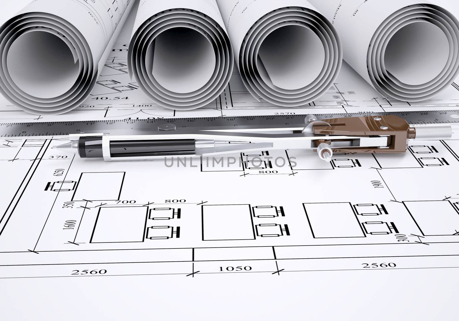 Compass and ruler lie on the drawing. 3d render
