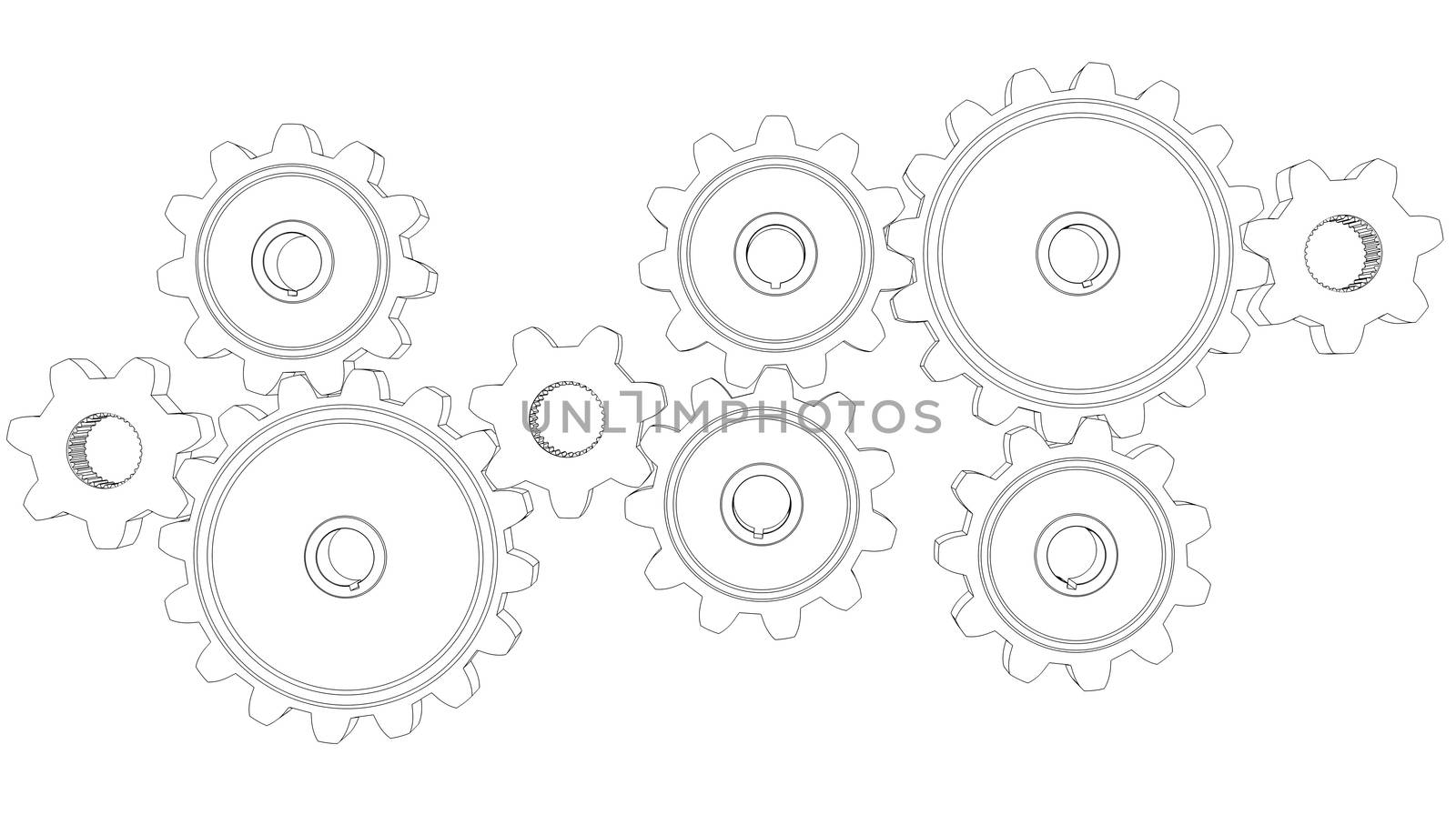 Wire frame gears. 3d rendering on white background