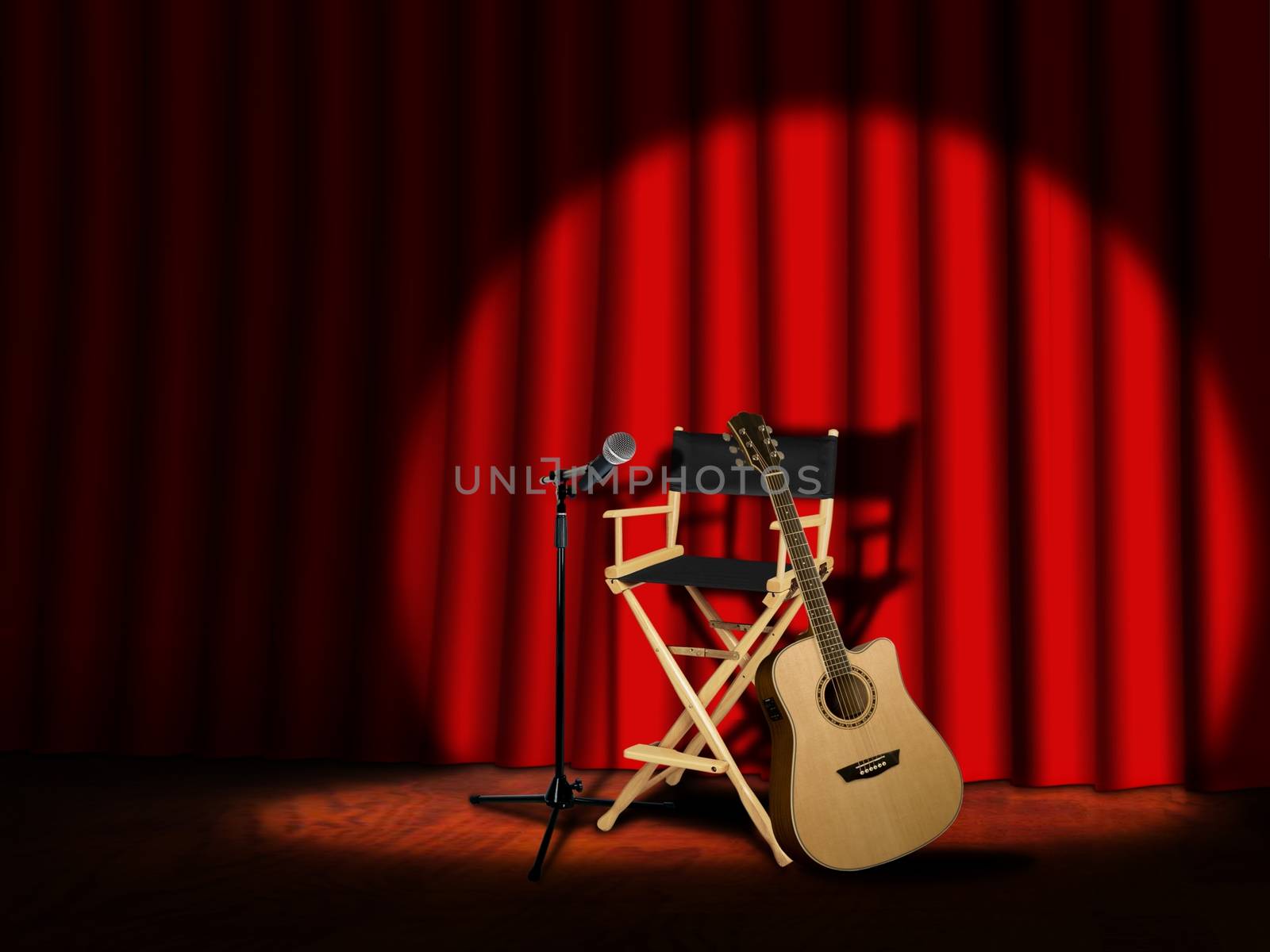 Microphone and Guitar on stage with Curtains