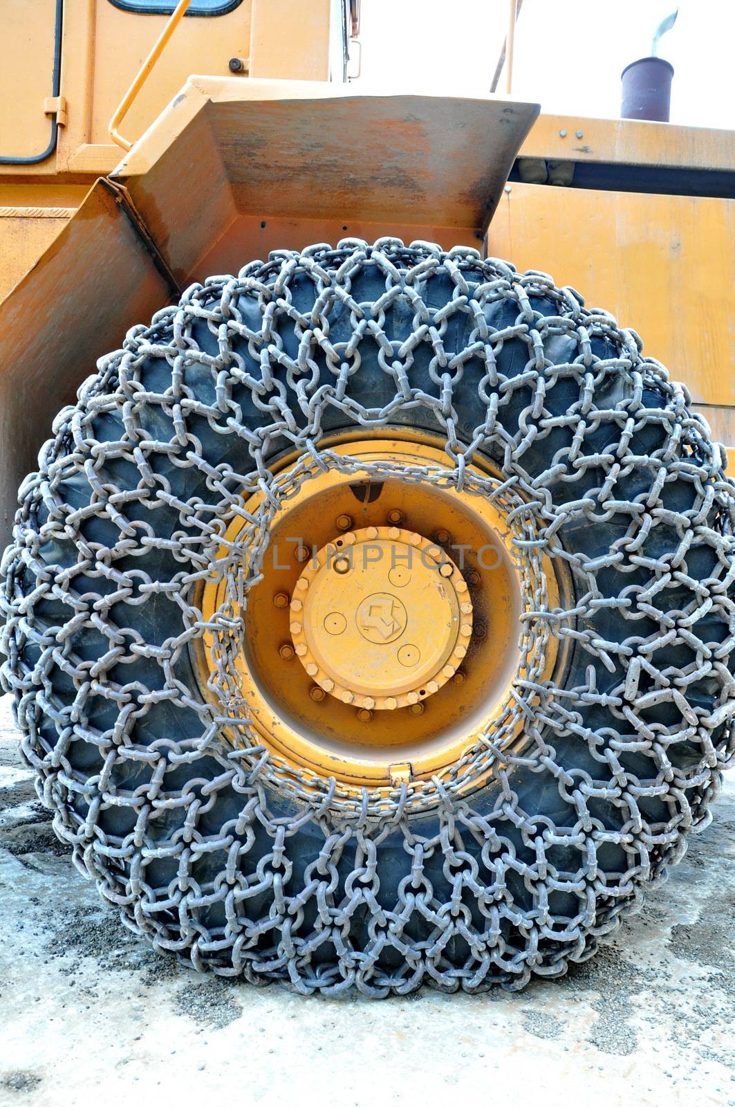 Snow chain on a truck's tyre