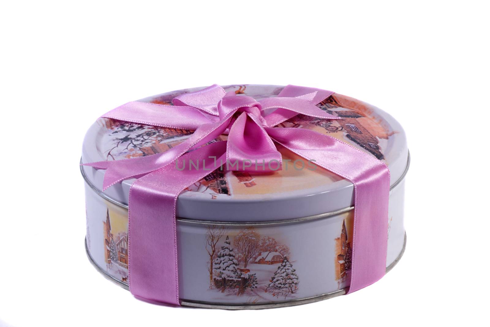 Beautifully painted and decorated with a ribbon box with a present. Presents on a white background.