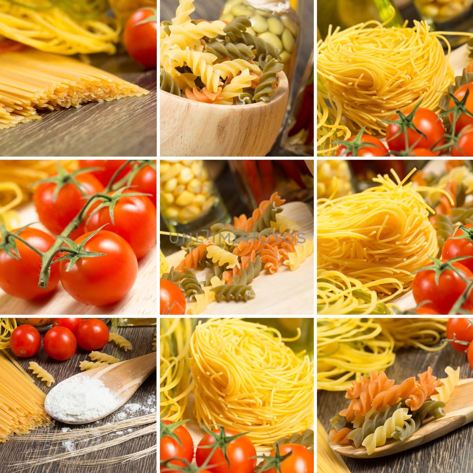 pasta and cherry tomatoes, collage from several images