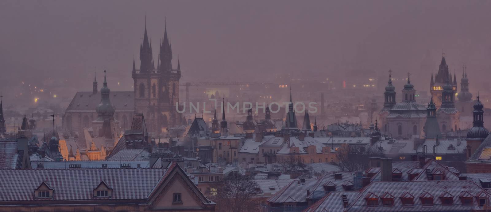 Prague towers after sunset in winter, Czech Republic