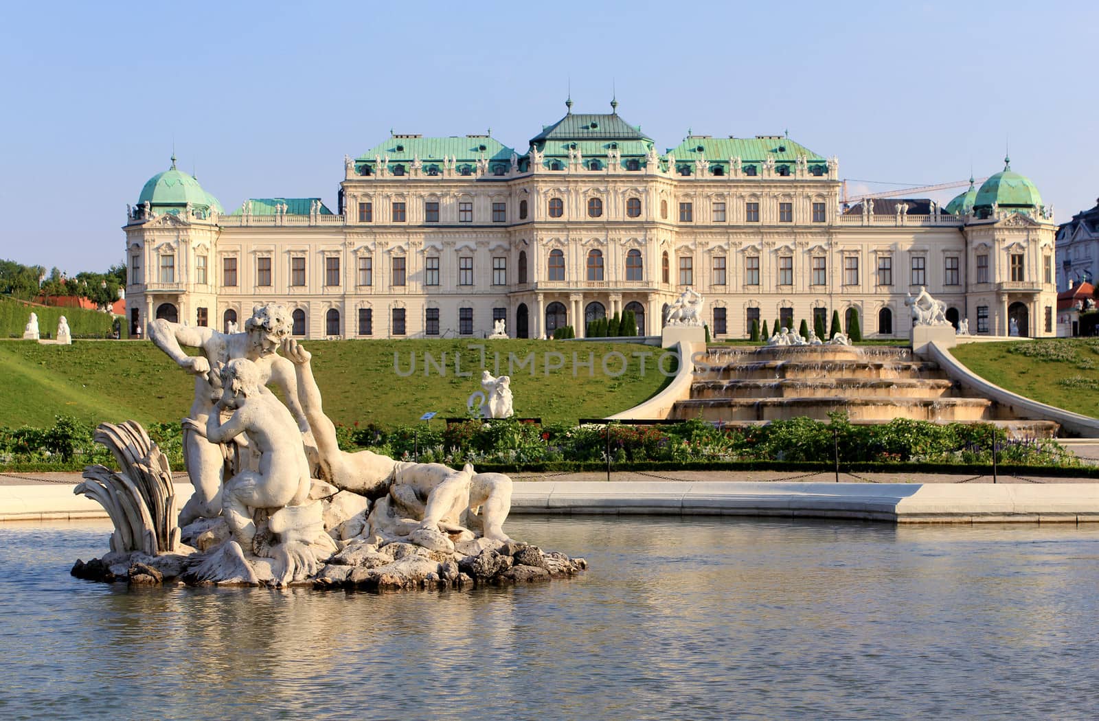 Belvedere Palace fountain and garden, Vienna, Austria.