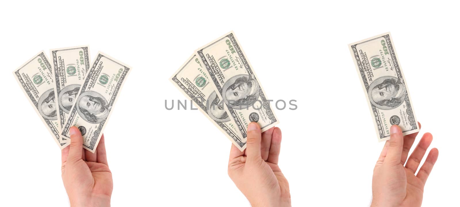 A row of human hands with money. Isolated on a white background.