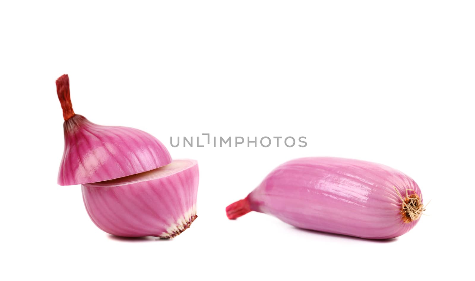 Two chopped and whole violet onion. Isolated on a white background.