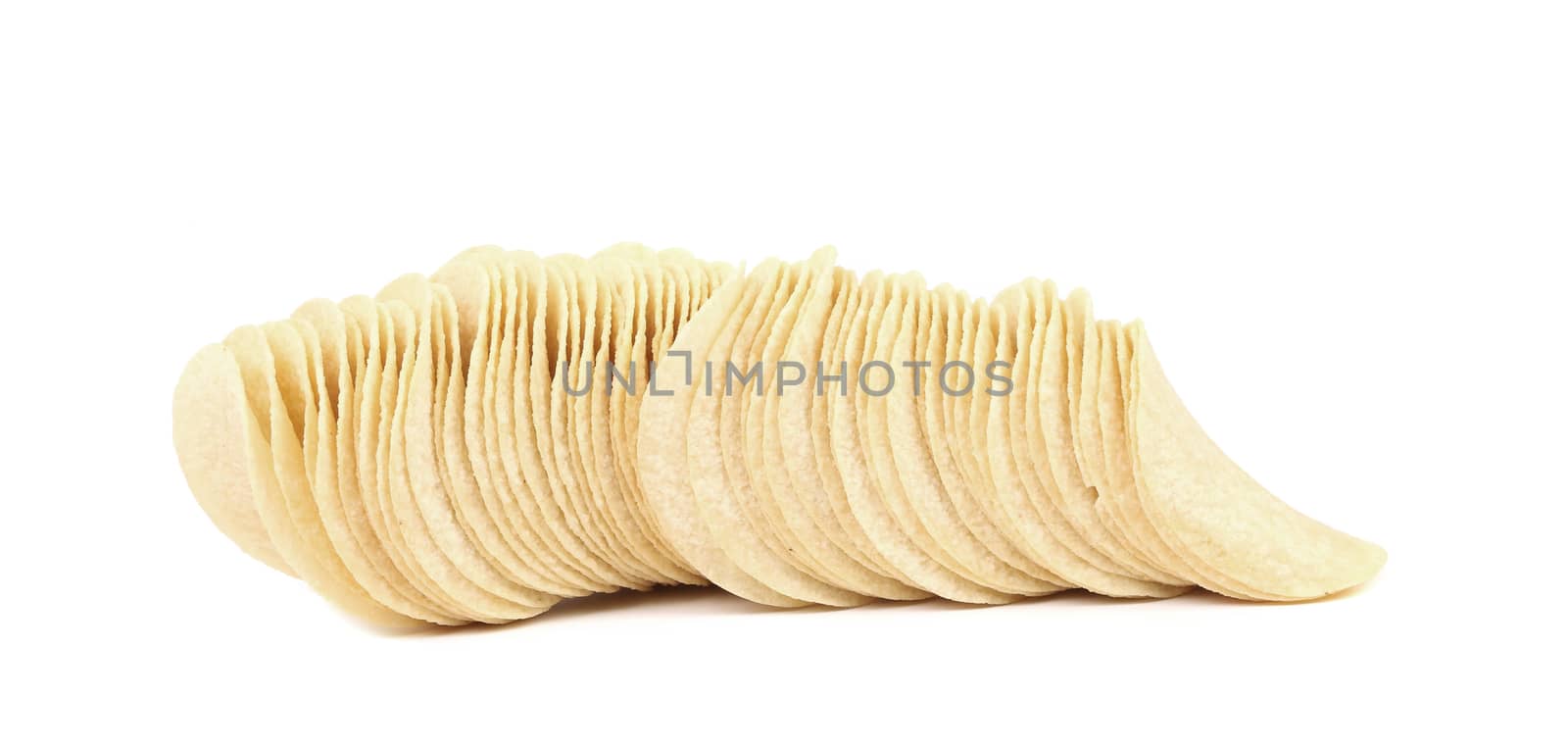 Stack of potato chips. Horisontal. Isolated on a white background. Place for text.