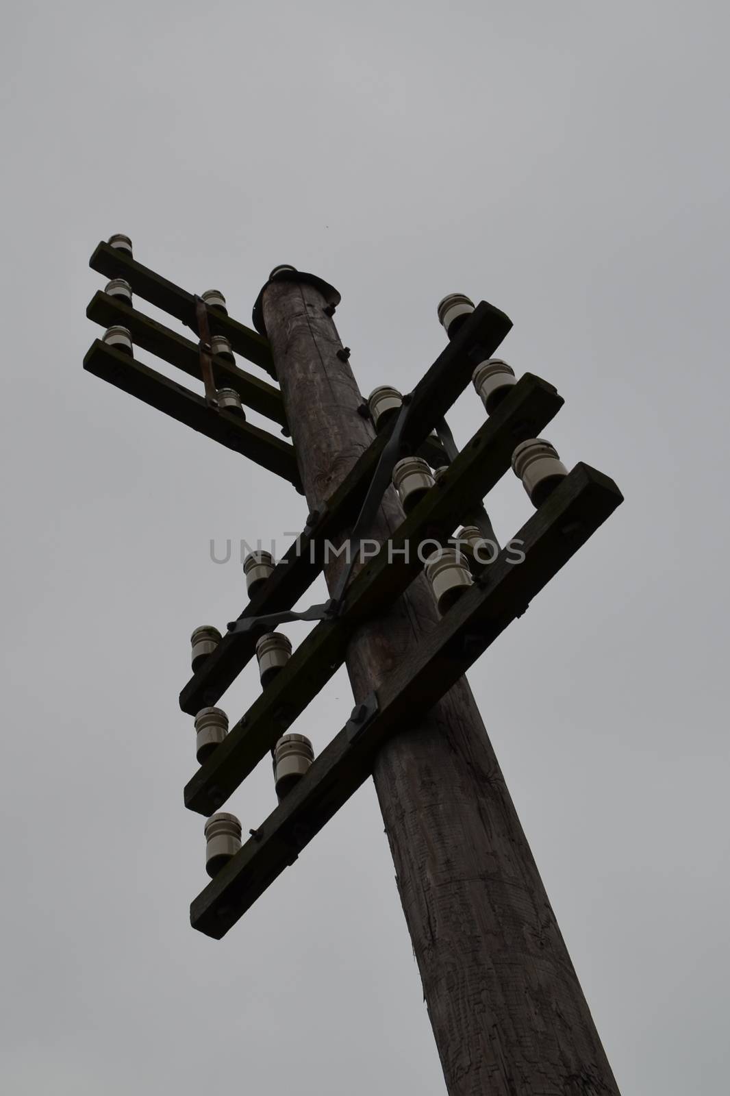 Wooden British electricity pole without wires connected.