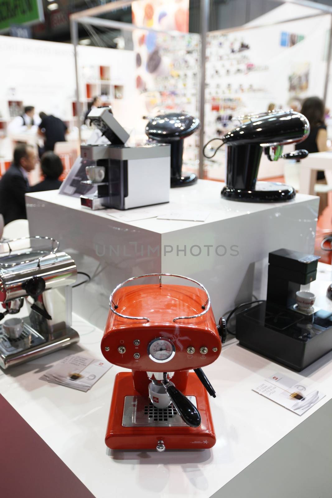 Illy Caffè coffee machines and cups in exhibition at Tuttofood 2013, Milano World Food Exhibition.