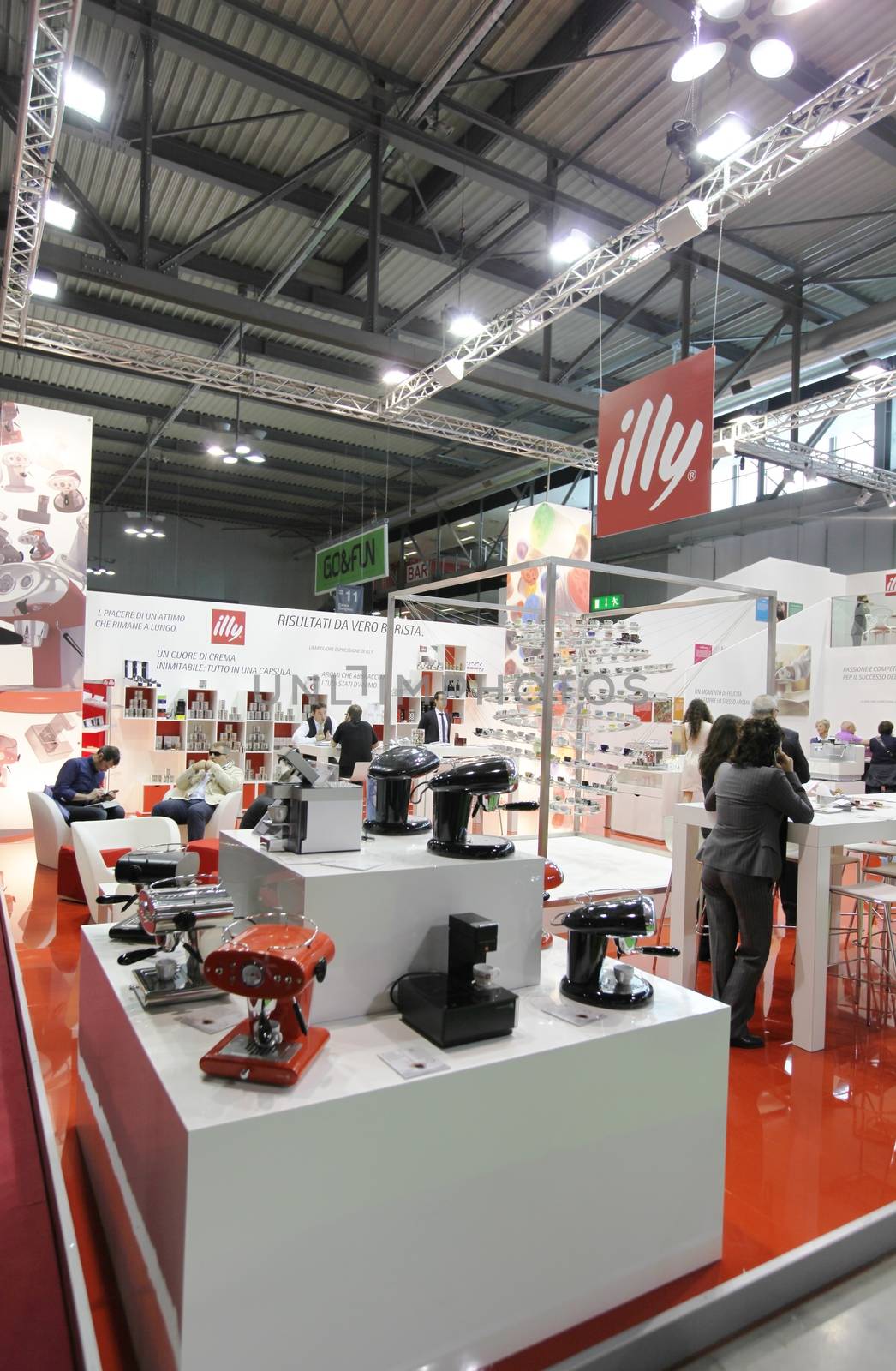 Illy Caffè coffee machines and cups in exhibition at Tuttofood 2013, Milano World Food Exhibition.