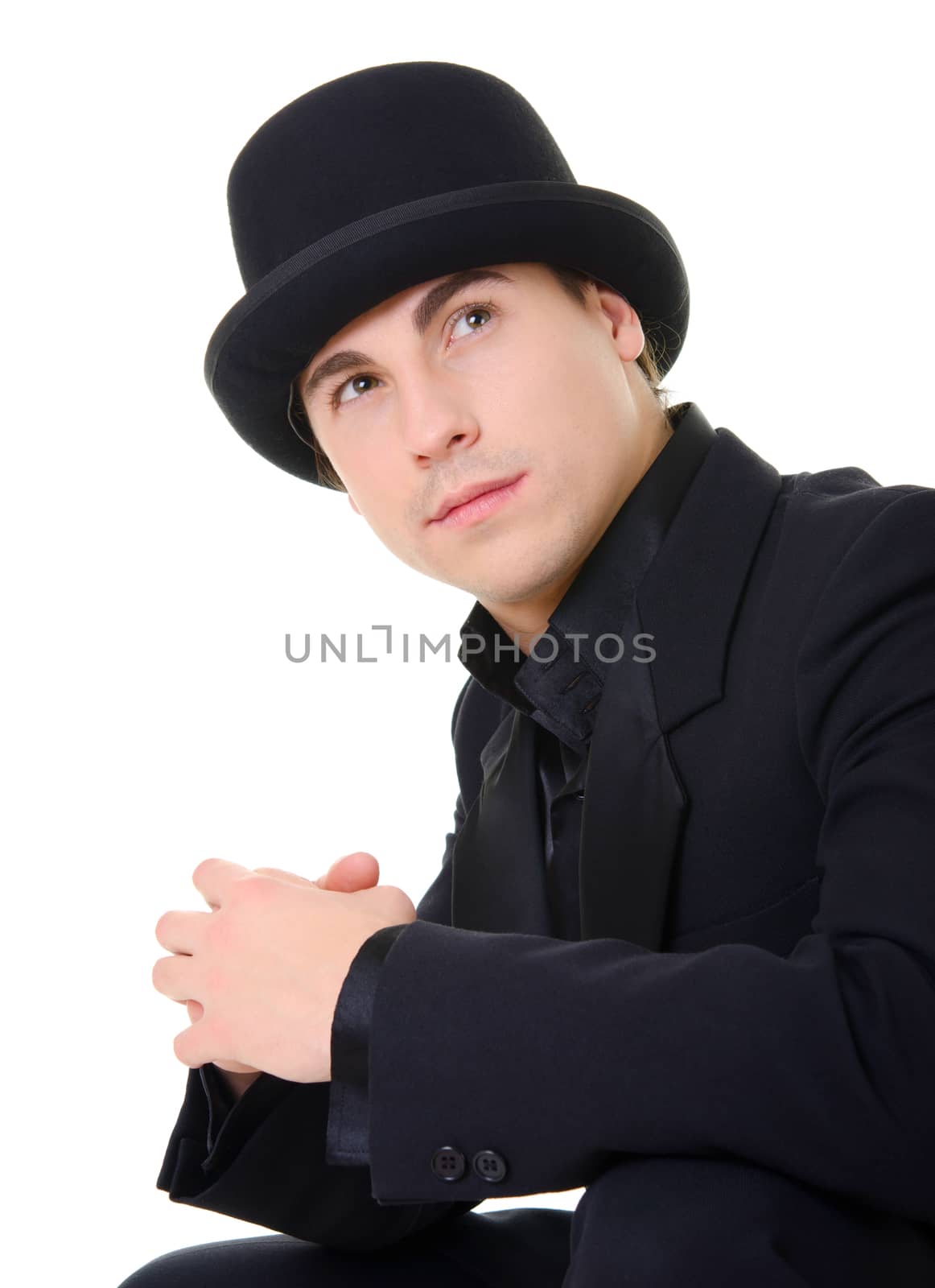 Man in black austere suit and hat by iryna_rasko