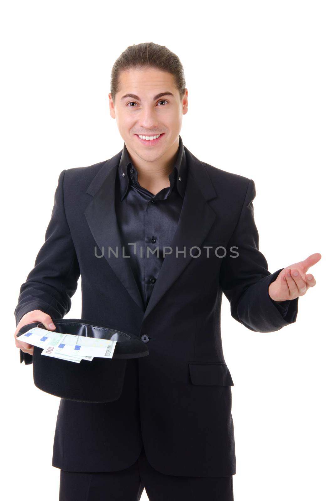Smiling magician with money in his top hat isolated on white background