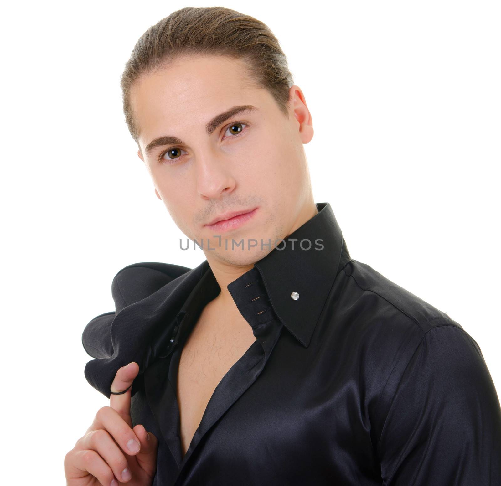 Serious man in stylish black silk shirt by iryna_rasko