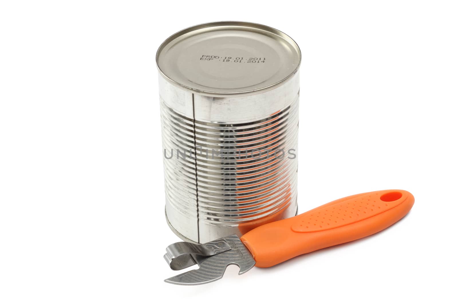 Can opener  and canned  isolated on white background