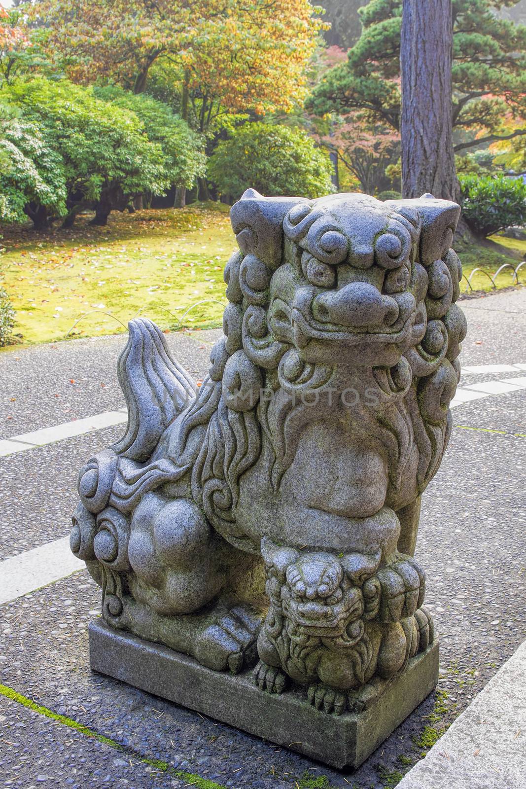 Japanese Komainu Female Foo Dog Temple Guardian Granite Statue