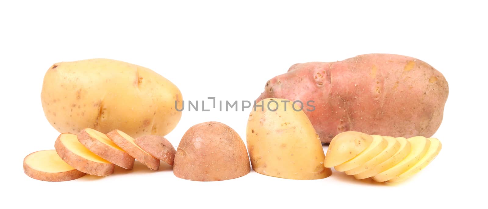 Different potatoes and split tuber. Isolated on a white background.