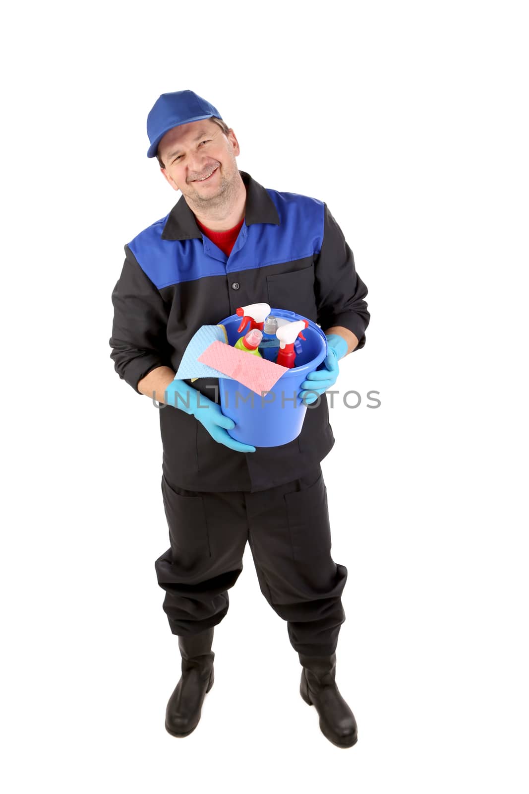 Man with cleaning supplies. Isolated on a white background.