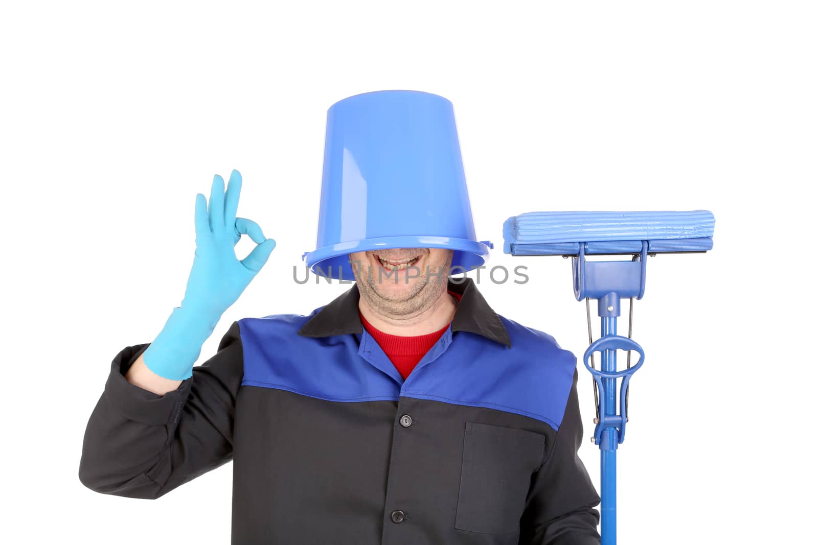 Man with head inside of bucket. Isolated on a white background.