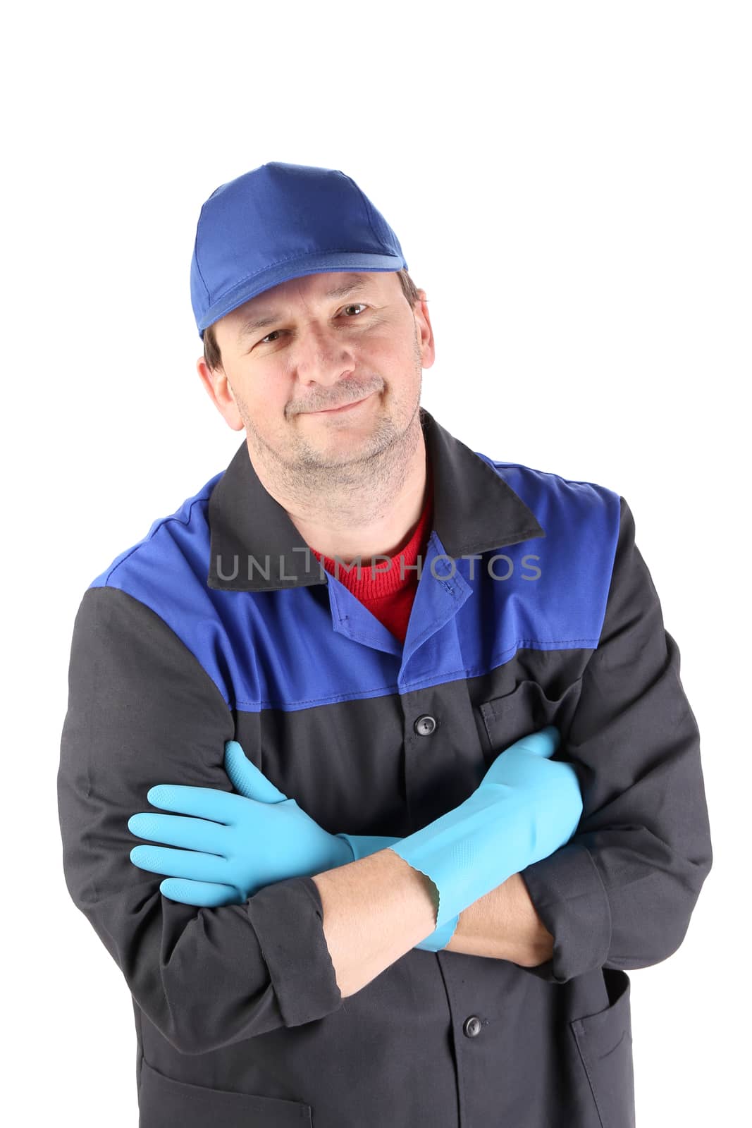Working man smiling. Isolated on a white background.