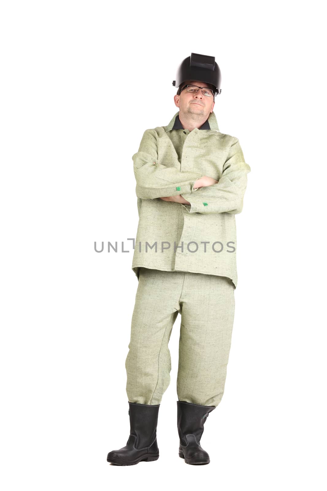 Confident welder in the mask. Isolated on a white background.