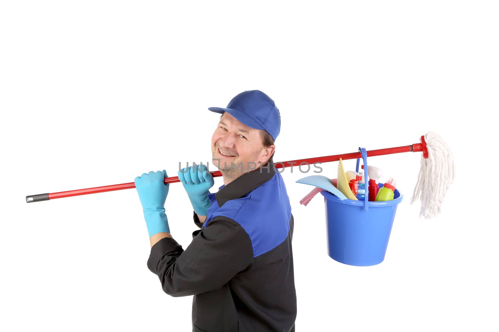 Man holding cleaning supplies. by indigolotos