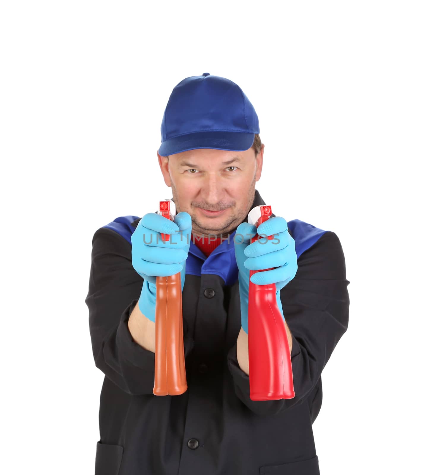 Man holds spray botlles as gun. Isolated on a white background.