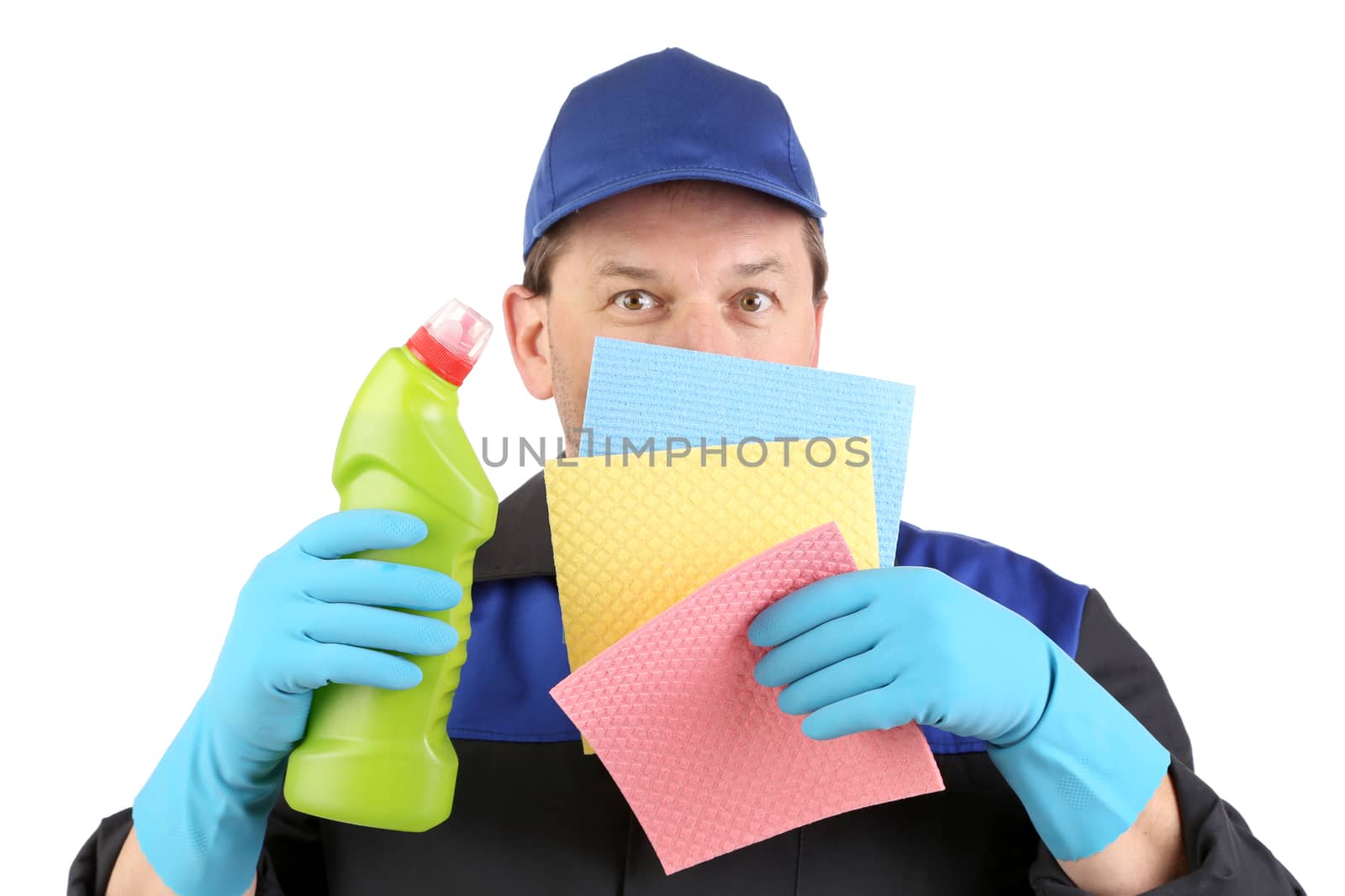 Man holds bottle and sponge. Isolated on a white background.