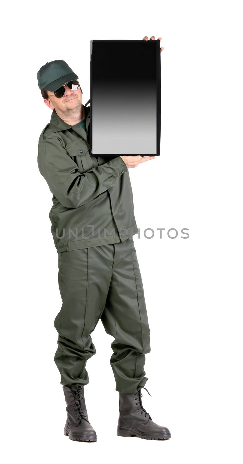 Man holding LCD screen. Isolated on a white background.