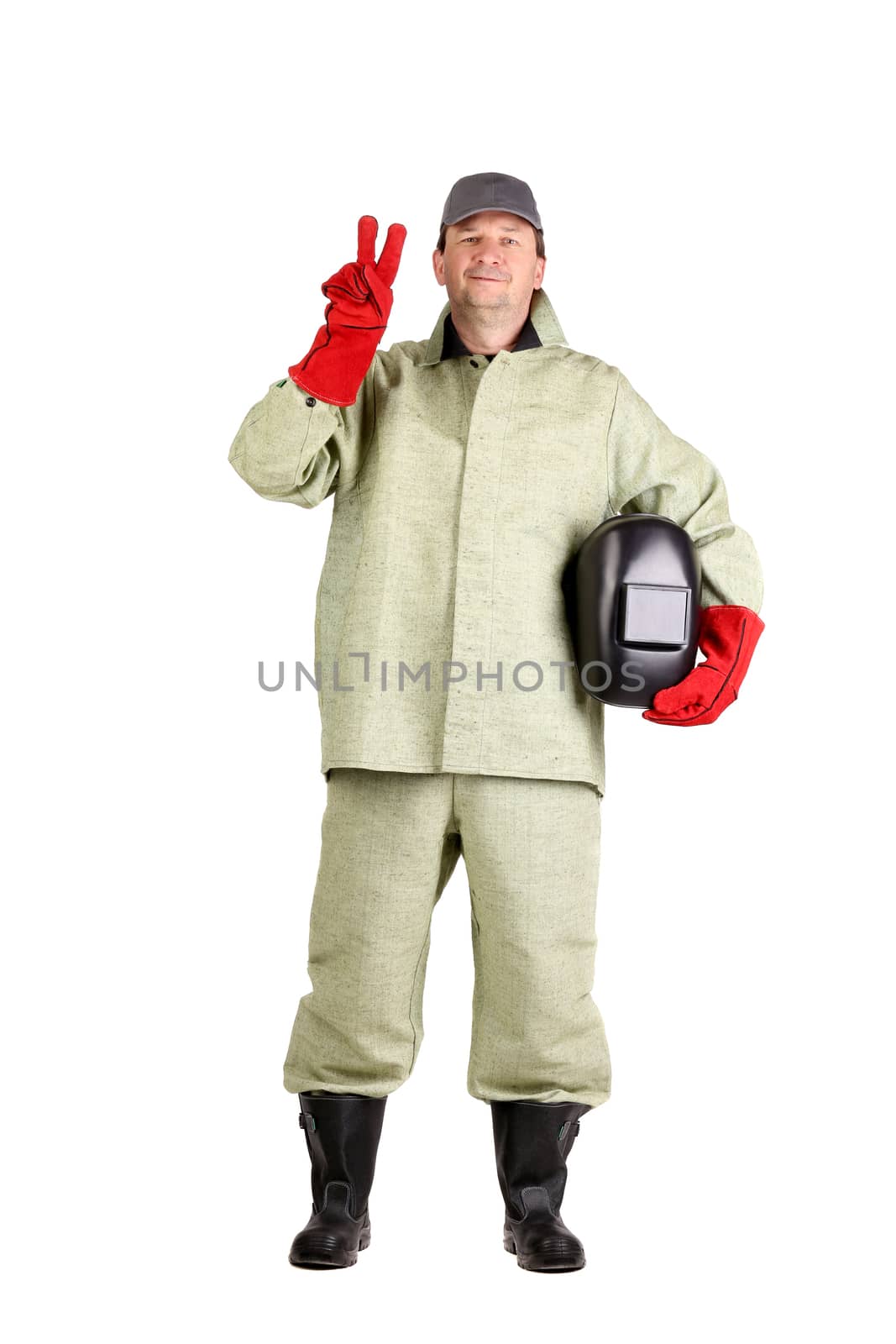 Welder shows peace sign. Isolated on a white background.