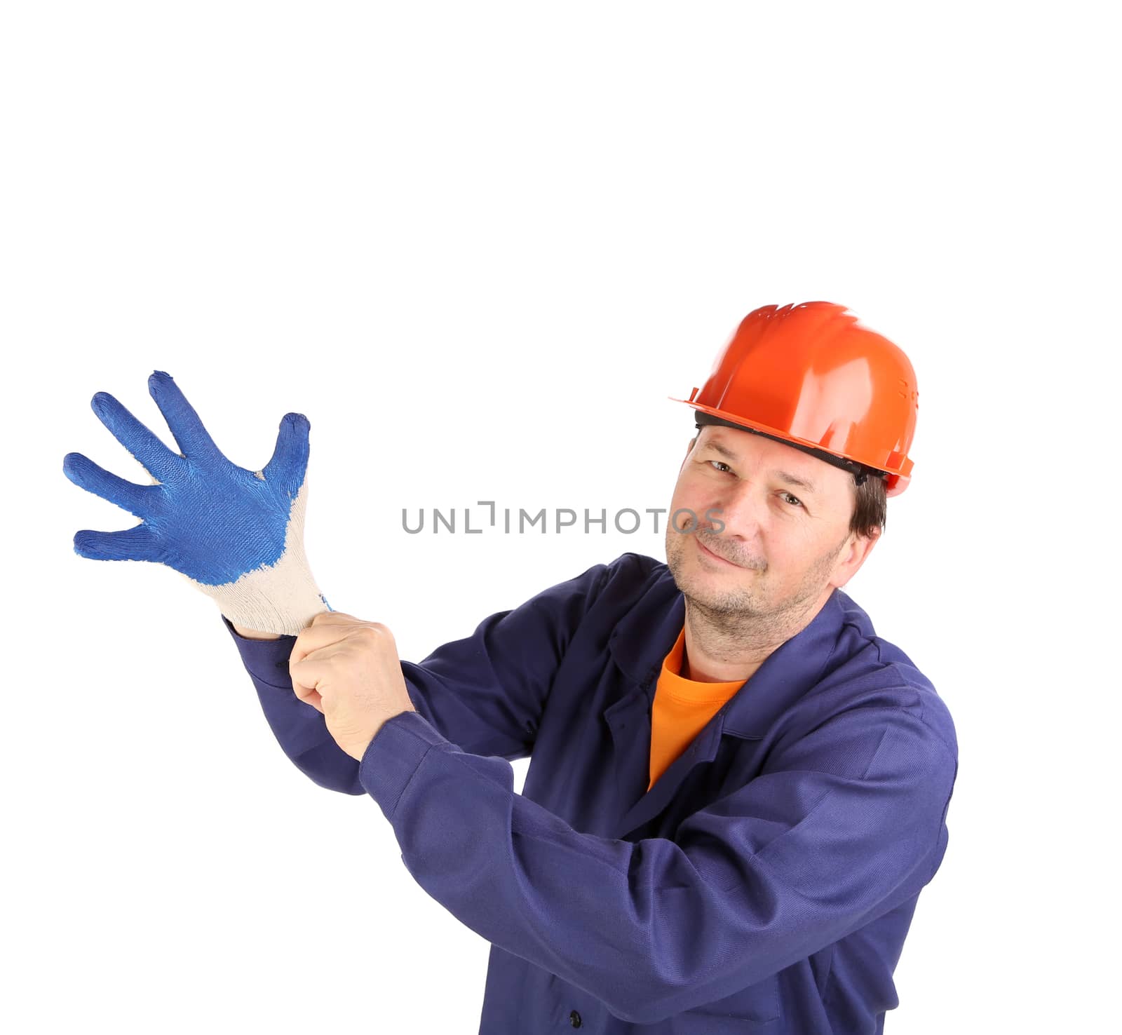 Worker shows hand in glove. Isolated on a white backgropund.