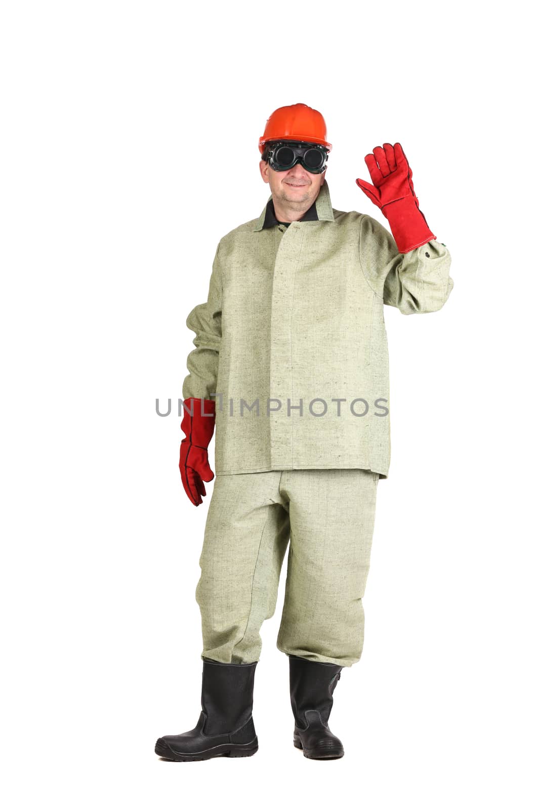 Welder in hard hat with hand up. Isolated on a white background.