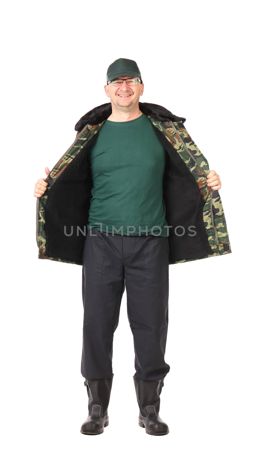 Worker in opened military vest. by indigolotos