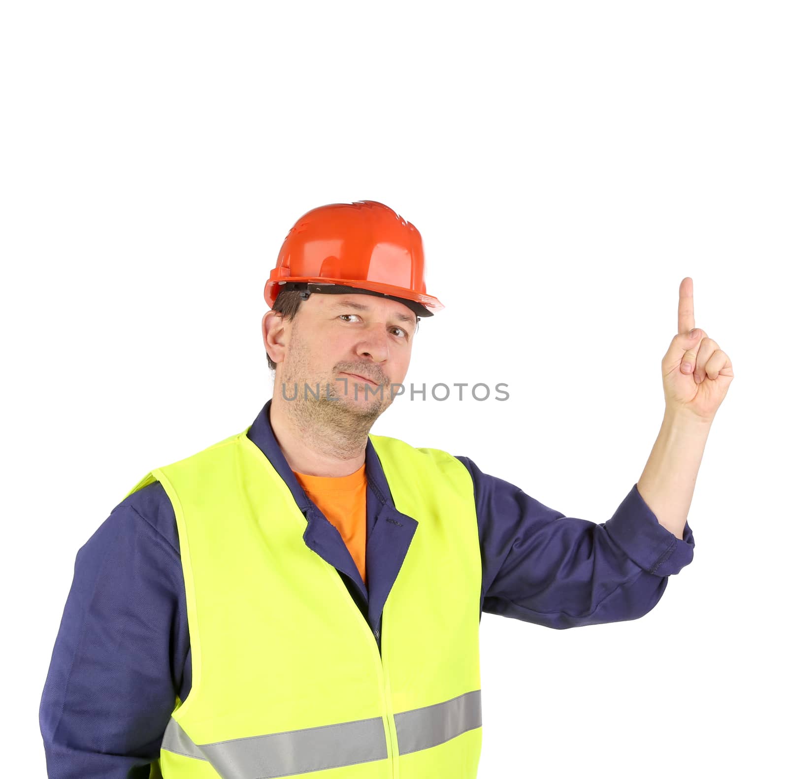 Worker in hard hat with hand up. Isolated on a white backgropund.