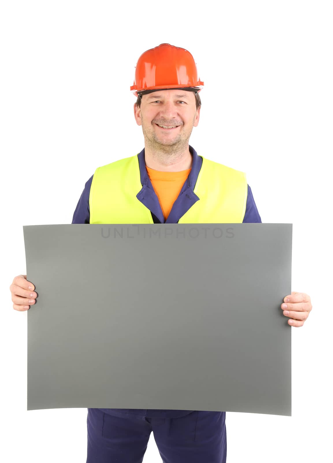 Worker in hard hat with paper. Isolated on a white backgropund.