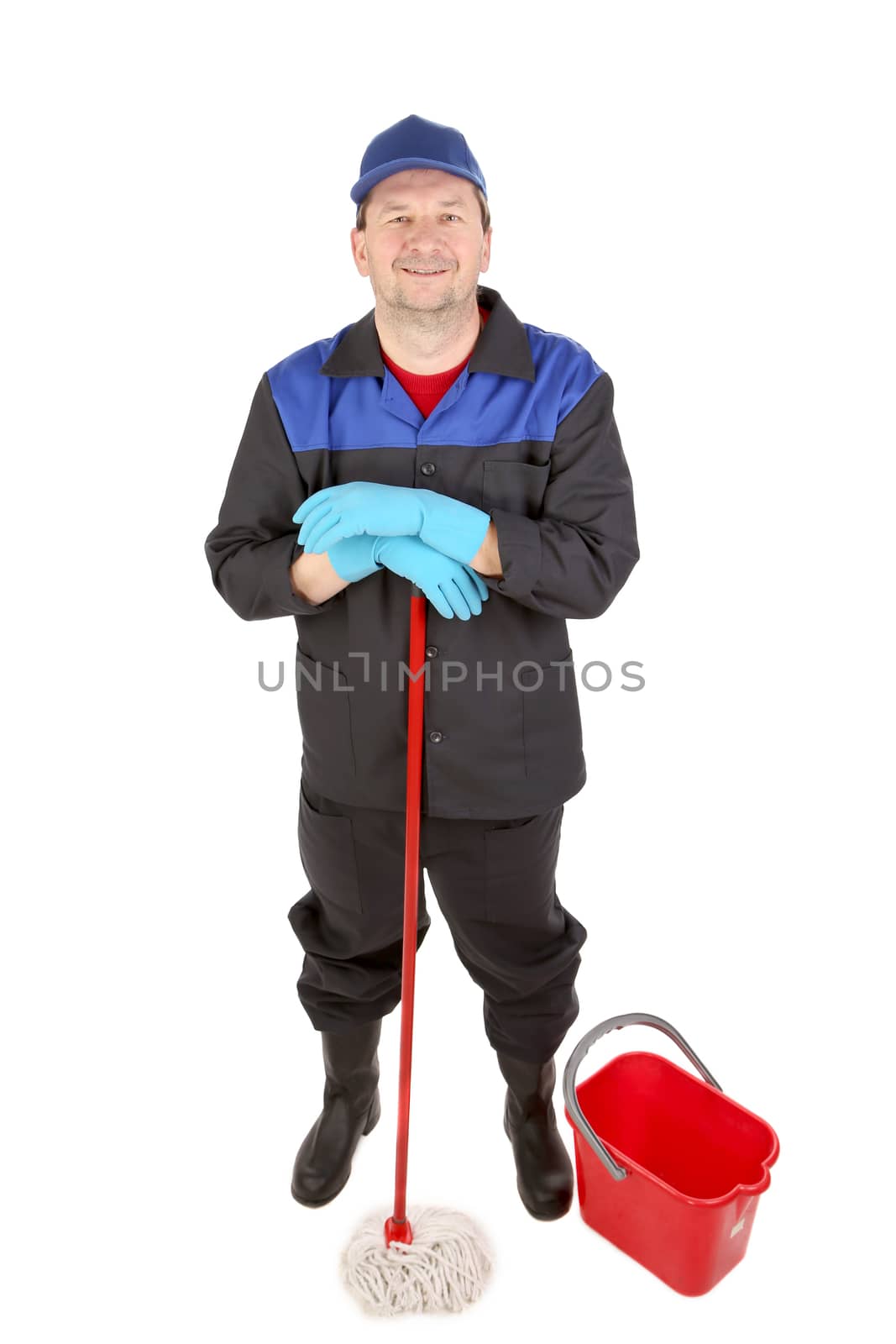Worker holds broom with bucket. Isolated on a white backgropund.