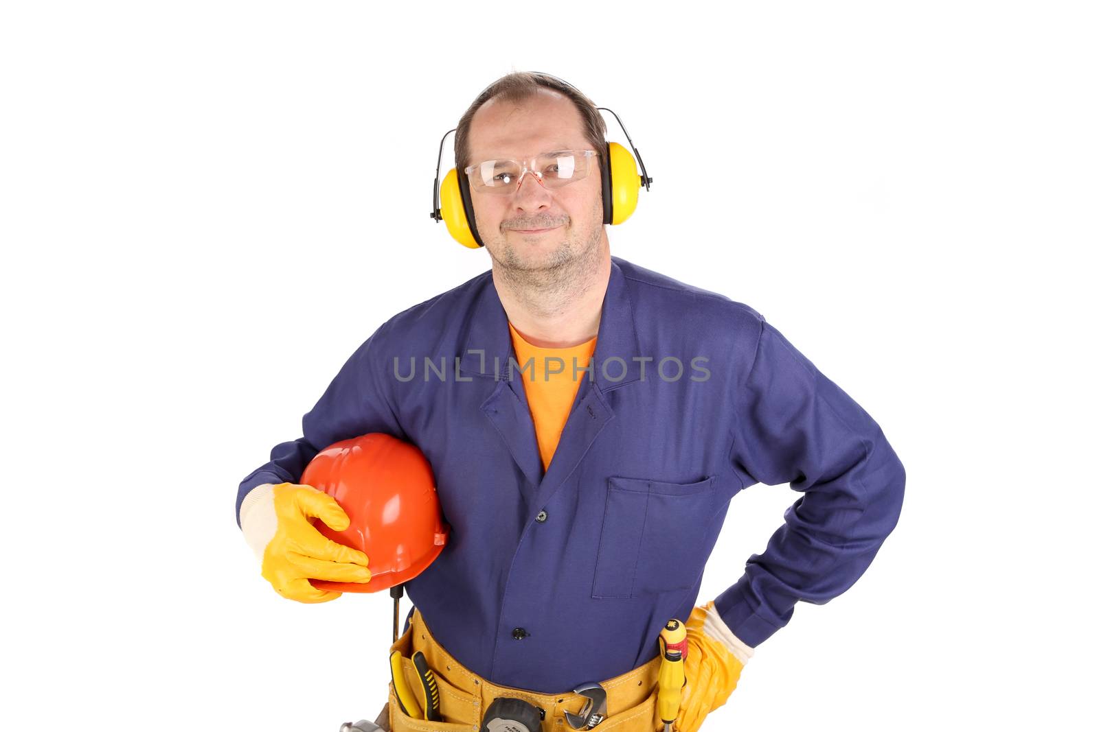 Worker in ear muffs and glasses. Isolated on a white backgropund.