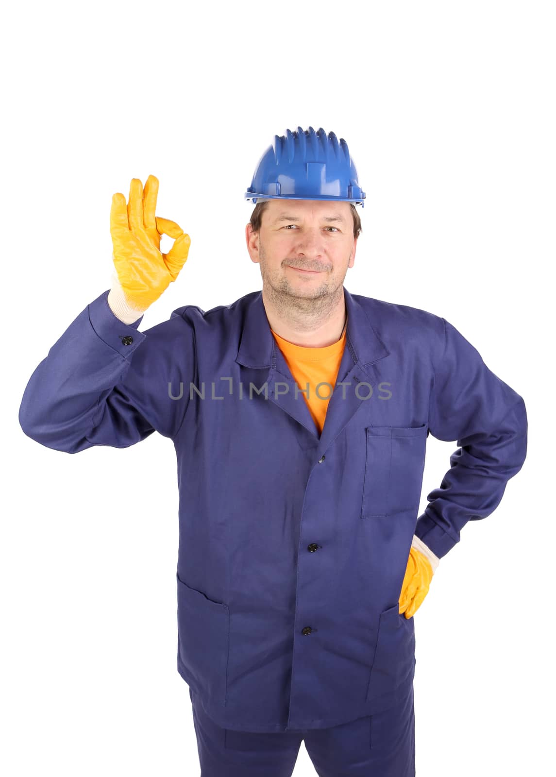 Worker shows hand sign okey. Isolated on a white backgropund.