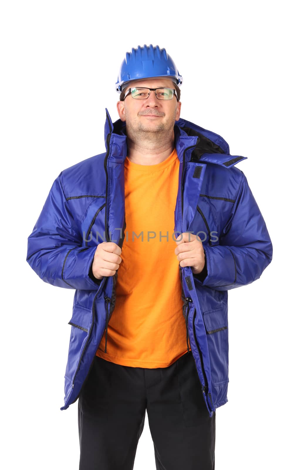 Man in winter workwear and hard hat. Portrait isolated on a white background
