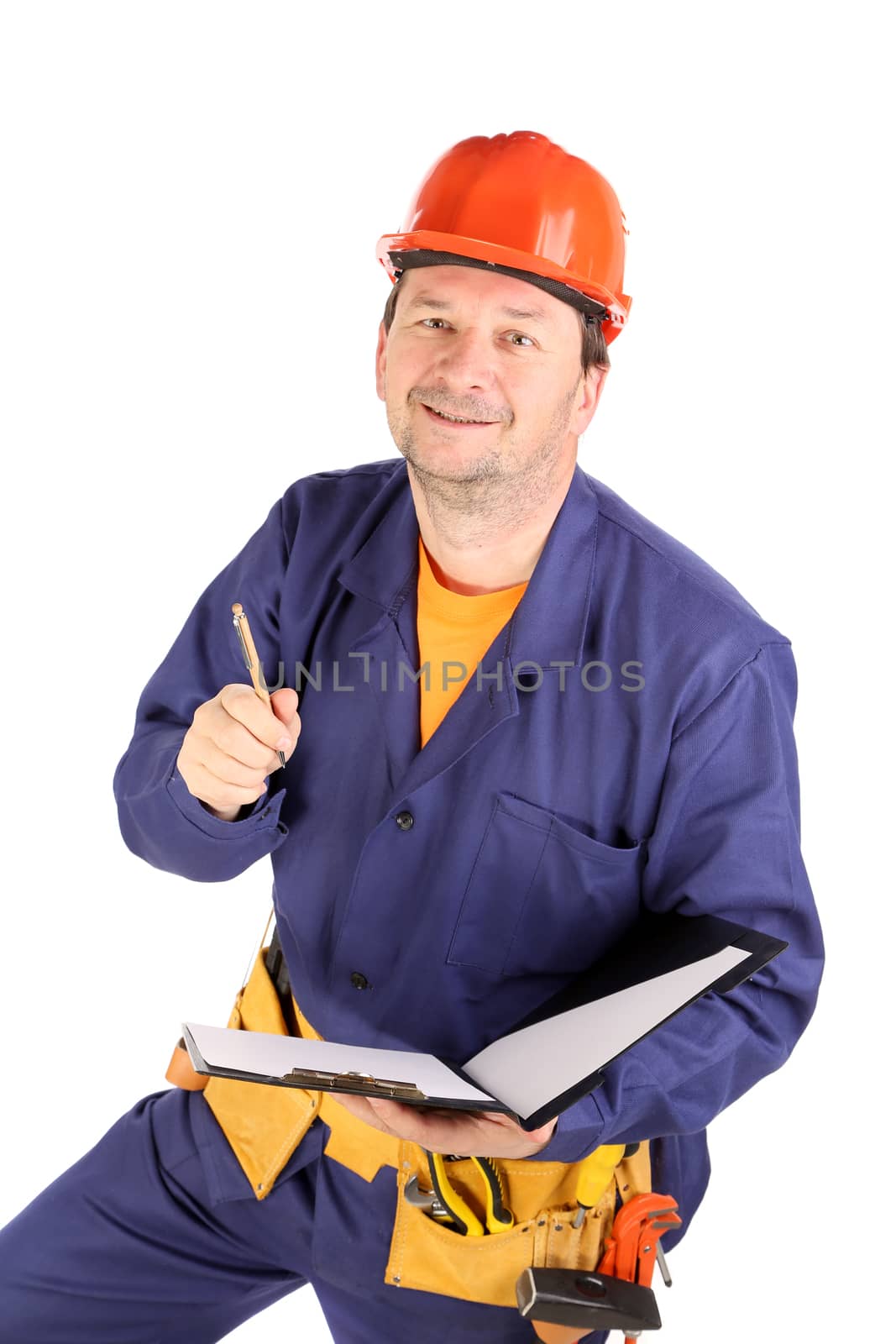 Worker in hard hat with pen. Isolated on a white backgropund.