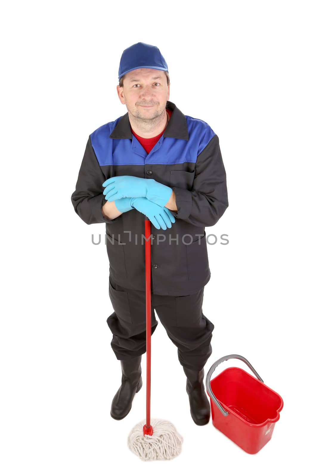 Man in workwear with bucket and mop. Isolated on a white background