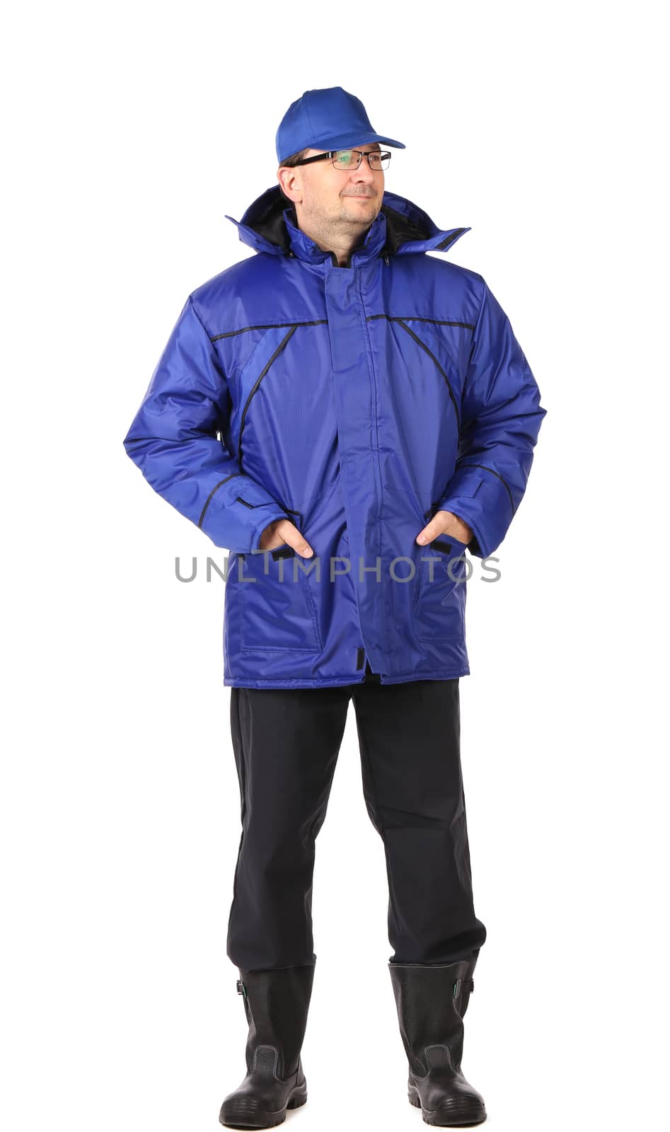 Man in blue winter workwear. Portrait on a white background