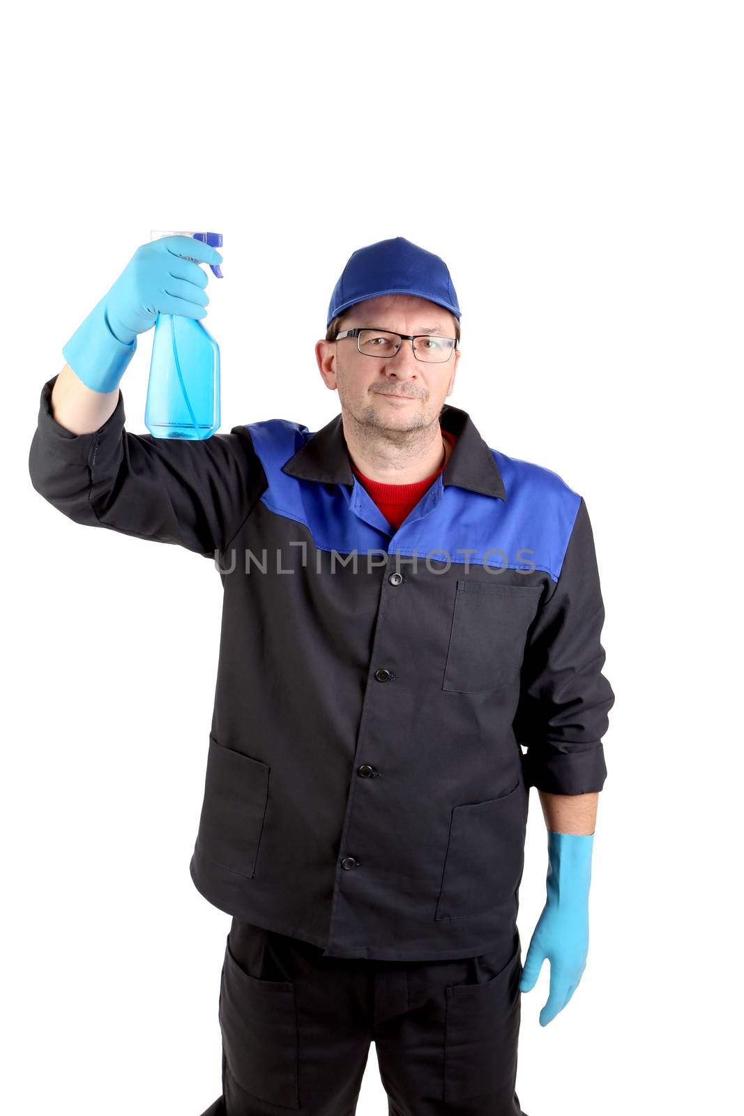 Man in workwear with a spray. Isolated on a white background