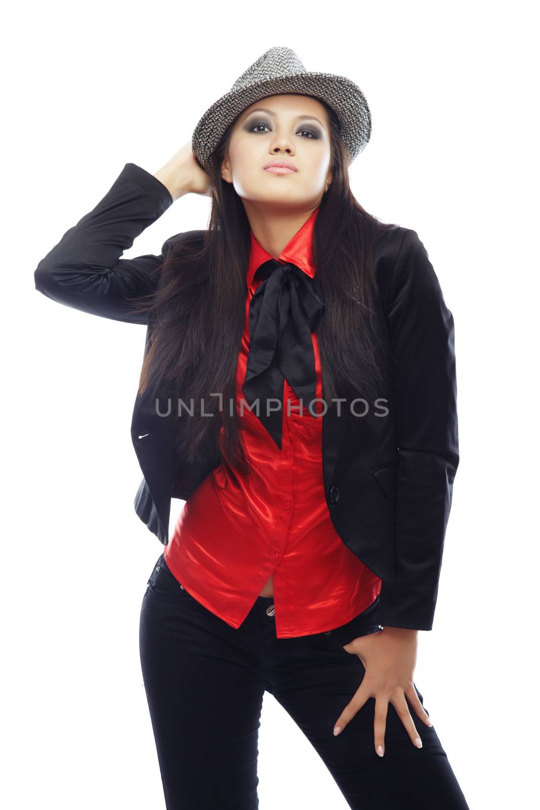 Retro styled lady in the red shirt and black costume on a white background