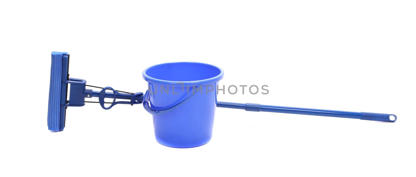 Blue bucket with sponge mop. Isolated on a white background.